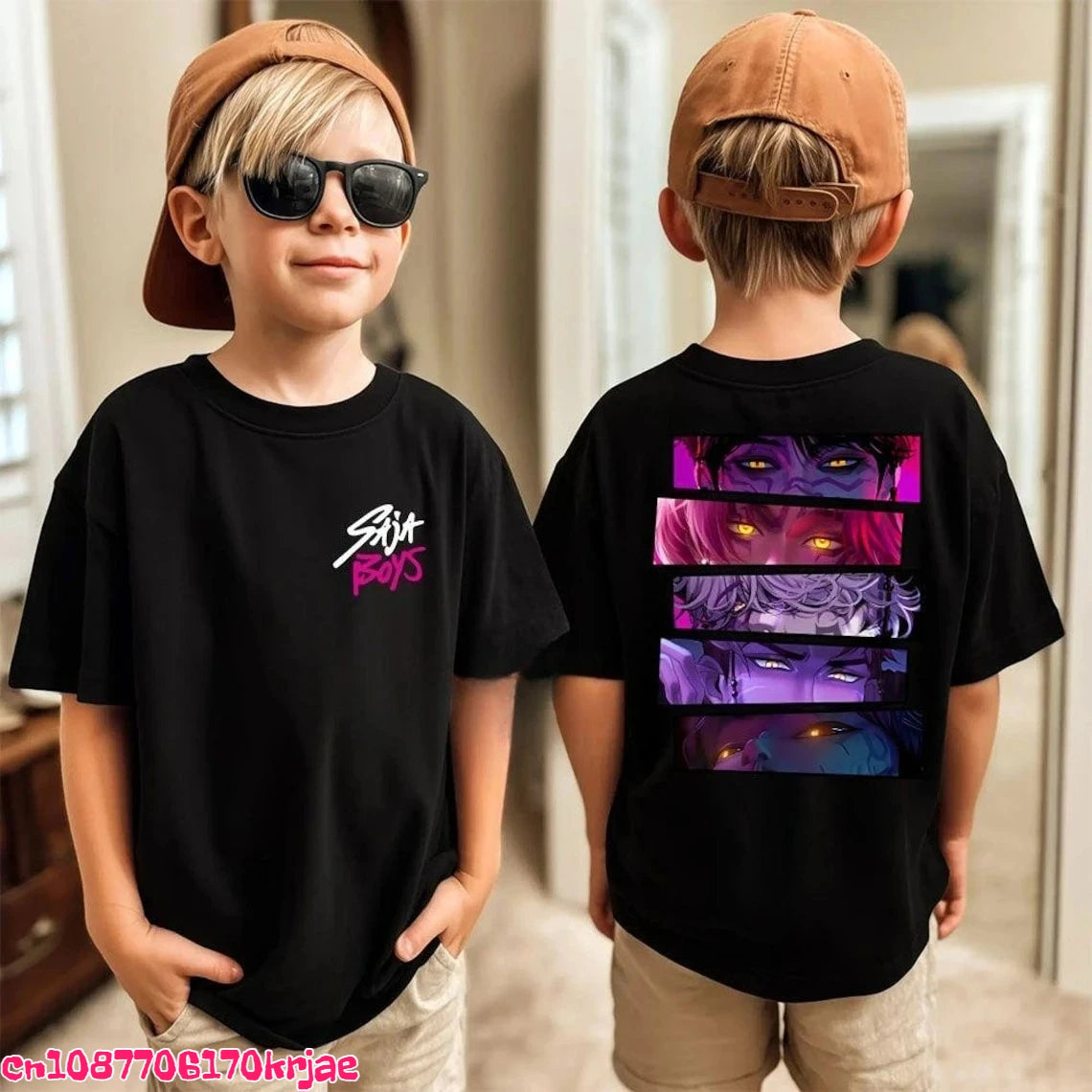 Kids Saja Boys Print T-Shirt Anime Eyes  Short Sleeve Tee Boys Girls Casual Crew Neck Summer Tops Children Daily Wear Shirts