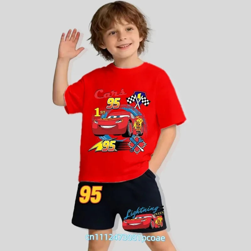 2026 New Cars of the Universe Boys' Sportswear Cotton Short-Sleeved Shorts Set with Cartoon Print - Summer T-Shirt 2-Piece Set