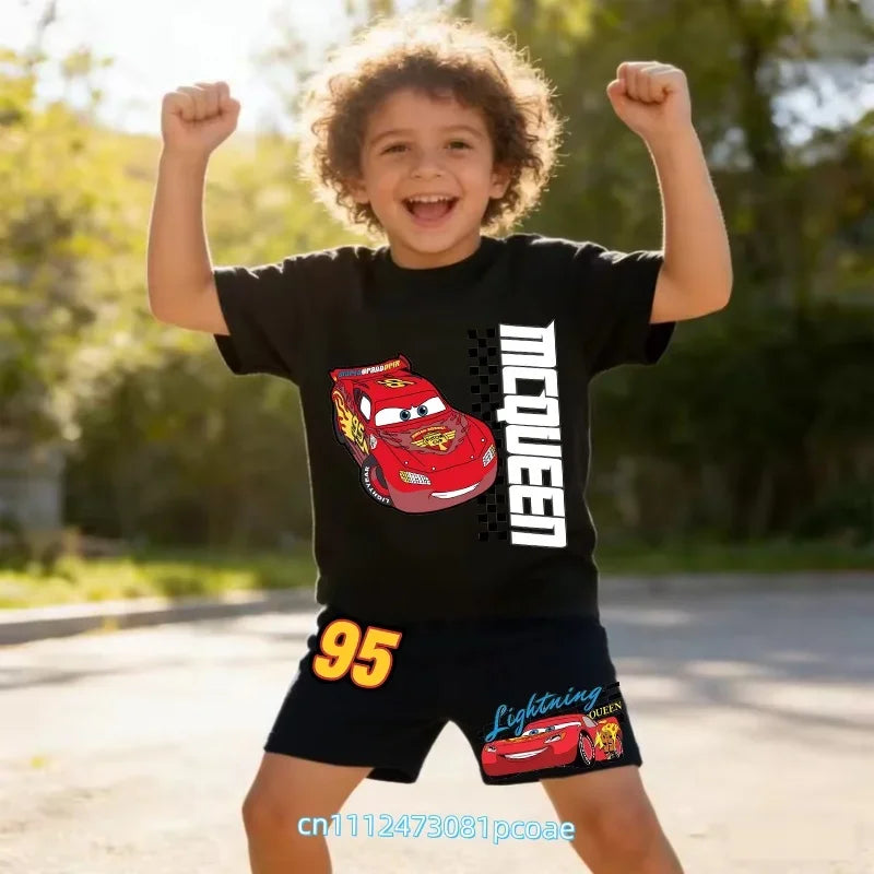 2026 New Cars of the Universe Boys' Sportswear Cotton Short-Sleeved Shorts Set with Cartoon Print - Summer T-Shirt 2-Piece Set