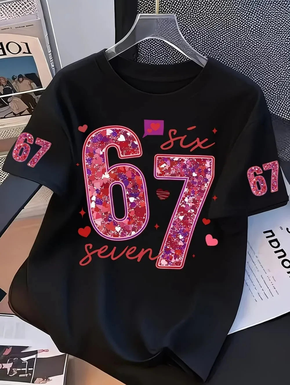 Girls' T-shirt,exclusive for Valentine's Day, with sequins,number 67,summer round-neck T-shirt for outdoors, kids' clothing