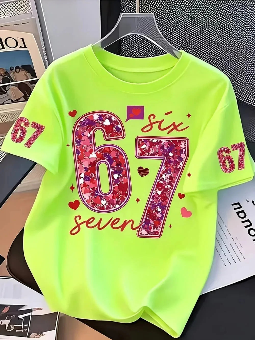 Girls' T-shirt,exclusive for Valentine's Day, with sequins,number 67,summer round-neck T-shirt for outdoors, kids' clothing