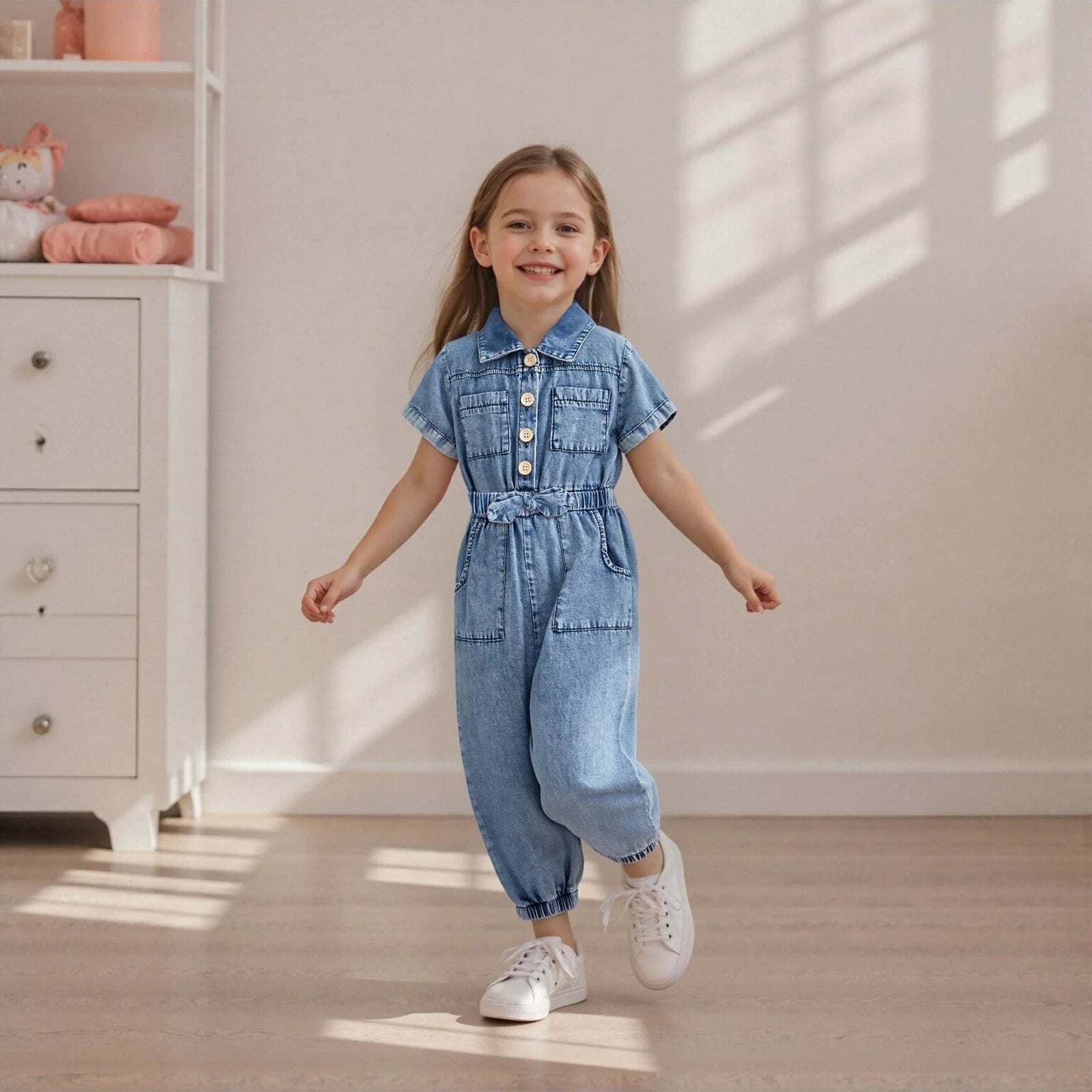 Kids Girls Denim Romper Short Sleeve Lapel Button Down Full Length Overalls Jumpsuit with Pockets Children's Clothing