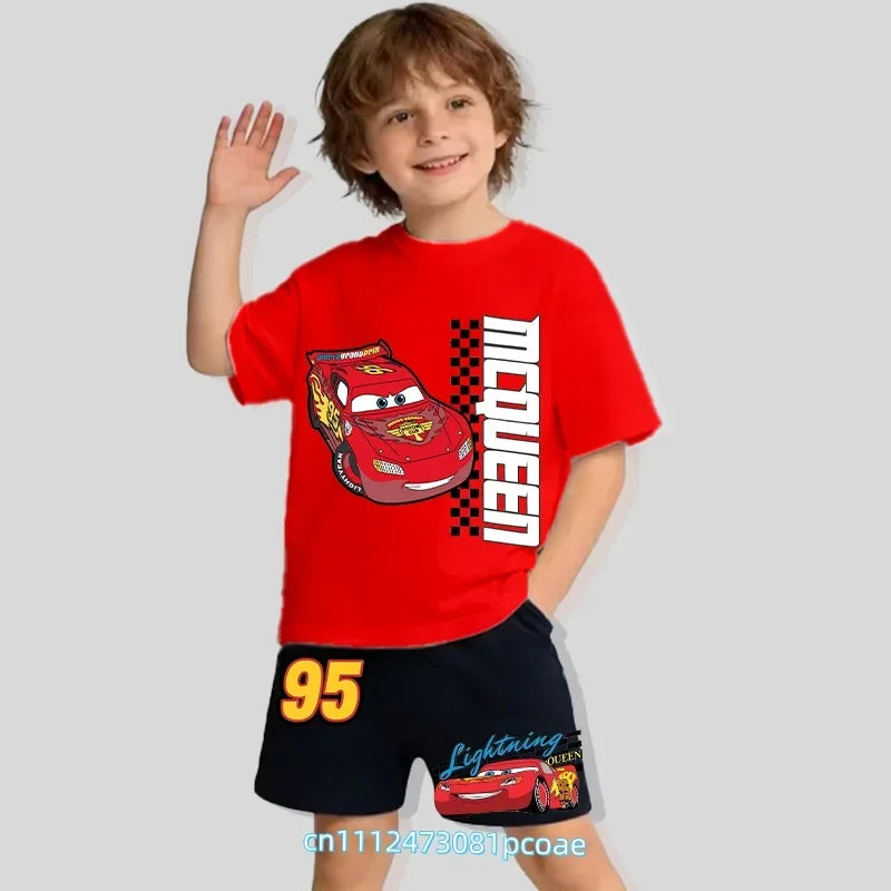 2026 New Cars of the Universe Boys' Sportswear Cotton Short-Sleeved Shorts Set with Cartoon Print - Summer T-Shirt 2-Piece Set