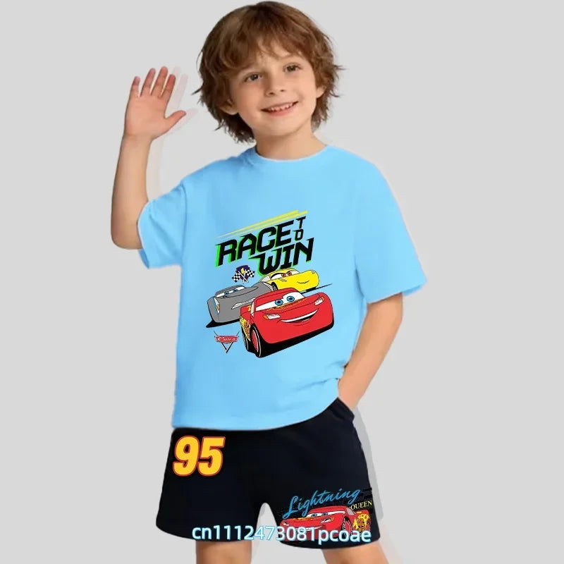 2026 New Cars of the Universe Boys' Sportswear Cotton Short-Sleeved Shorts Set with Cartoon Print - Summer T-Shirt 2-Piece Set
