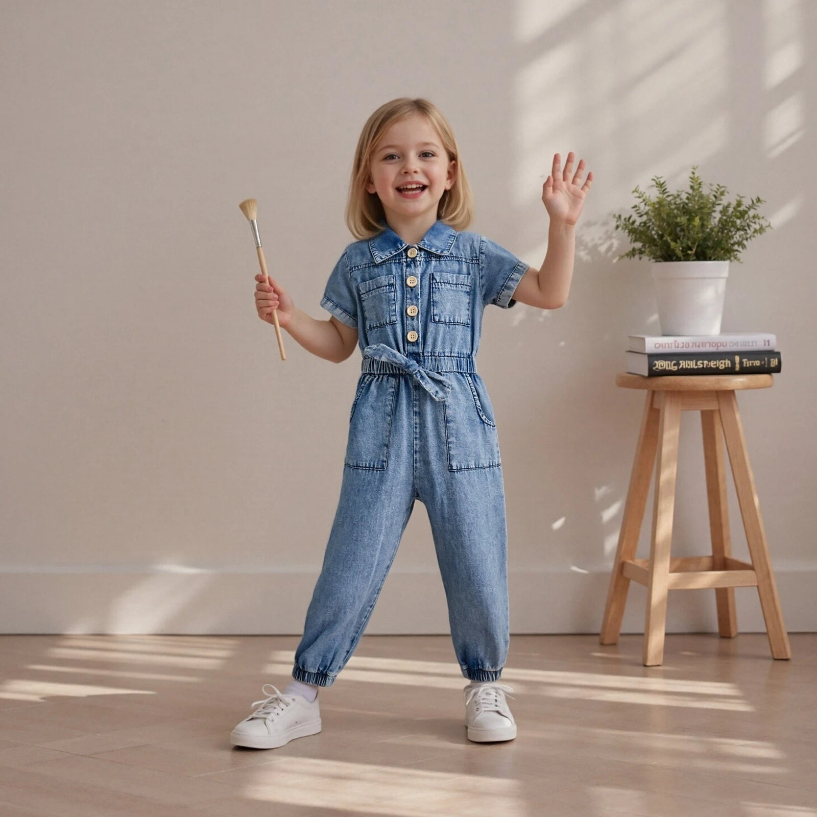 Kids Girls Denim Romper Short Sleeve Lapel Button Down Full Length Overalls Jumpsuit with Pockets Children's Clothing
