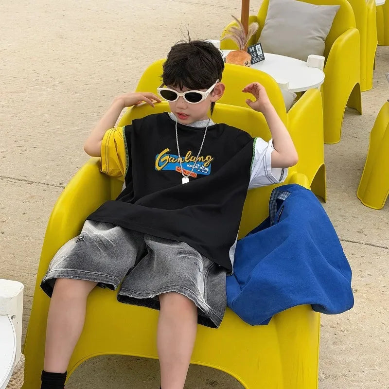 Korean Version of Children's Multi-color Splicing American Letter Cotton T-shirt Boys' Short-sleeved Top 2026 Summer New