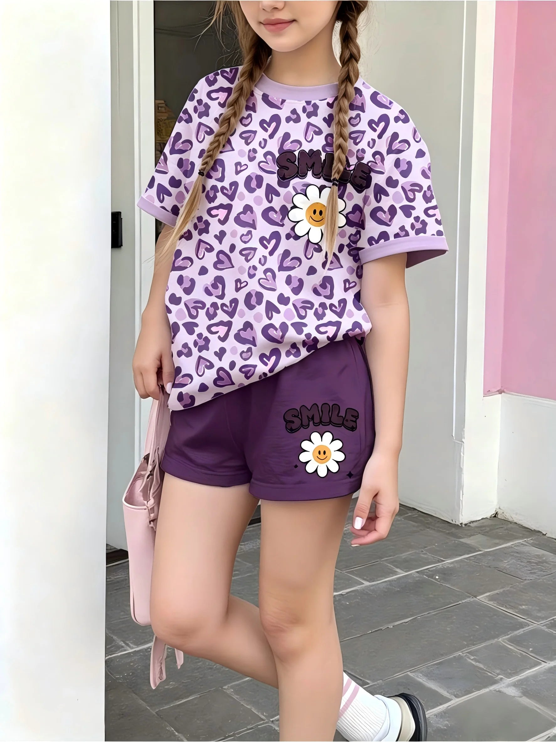 Girls  Sleeve Crew Neck T-Shirt + Shorts Set Leopard Heart Print With Smile Flower Logo Casual Cute Kids Daily Outfit Ages 1-14