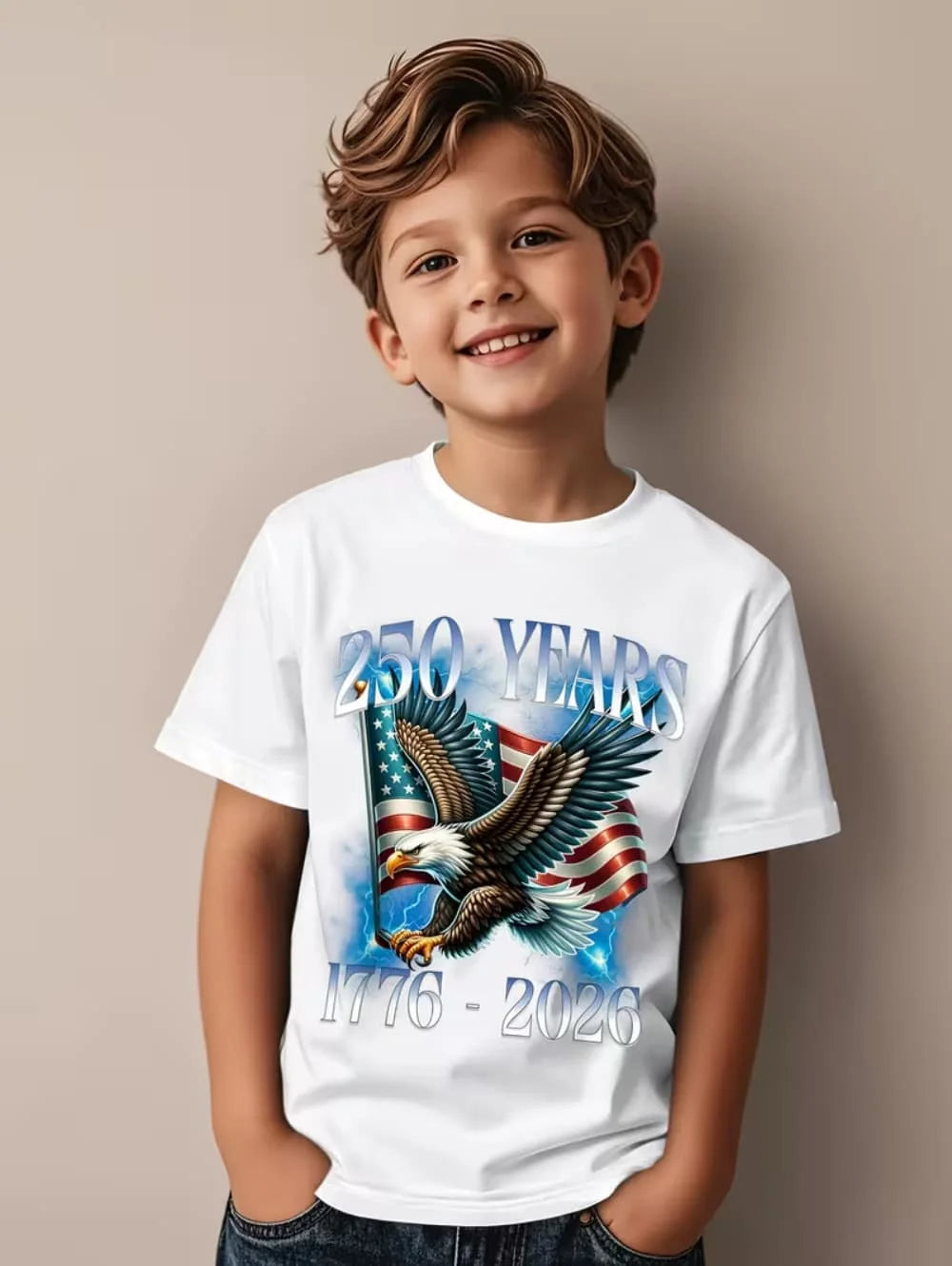 T-Shirt for Kids America 250th Birthday Eagle Flag 250 Years 1776-2026 Unisex Kids Tops Casual Style Vintage Children's Clothing