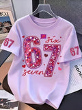 Girls' T-shirt,exclusive for Valentine's Day, with sequins,number 67,summer round-neck T-shirt for outdoors, kids' clothing