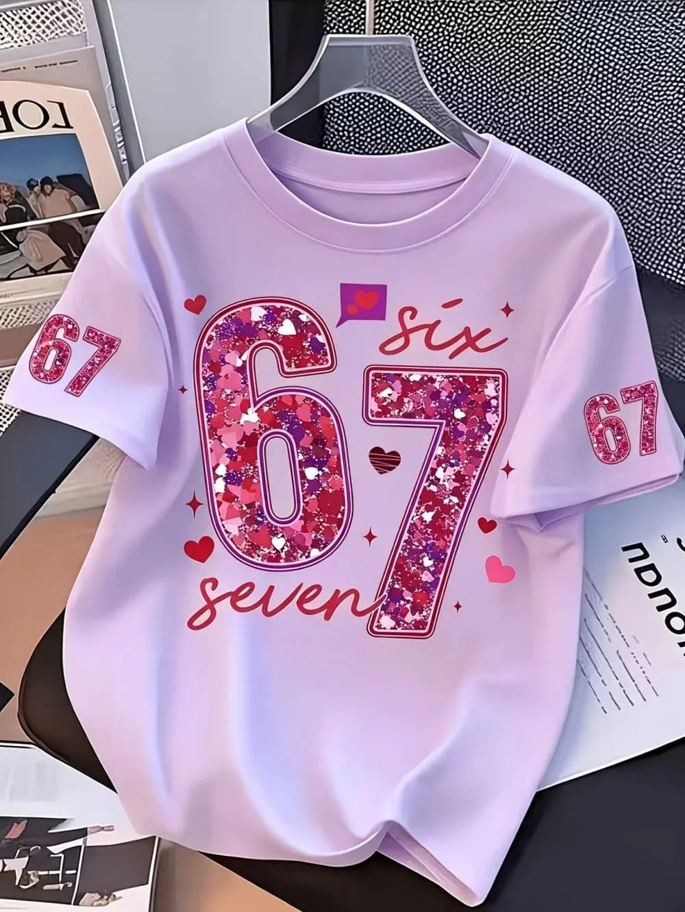 Girls' T-shirt,exclusive for Valentine's Day, with sequins,number 67,summer round-neck T-shirt for outdoors, kids' clothing