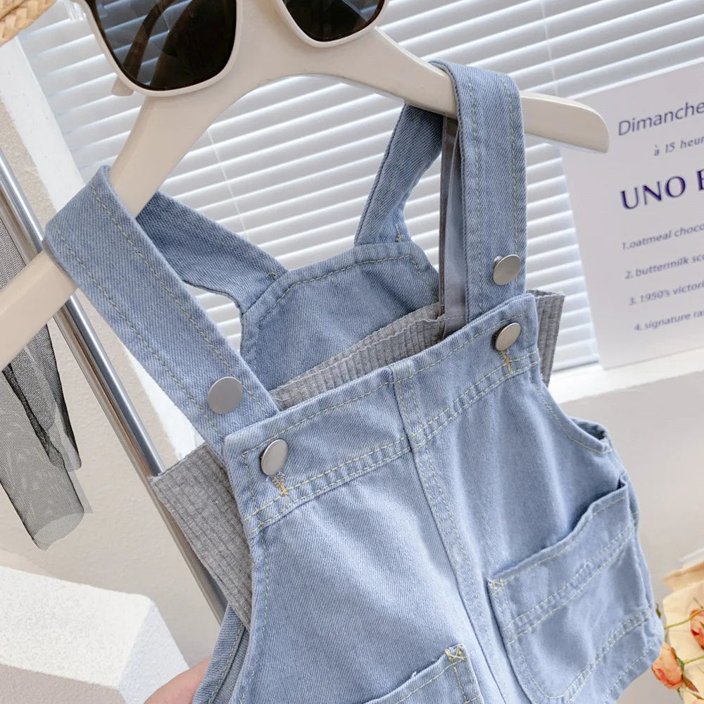 2025 New Summer Girls Solid Color Jumpsuit 2-7T Boys Denim Overalls Korean Kids Loose Jeans Overalls Children Pants Clothes