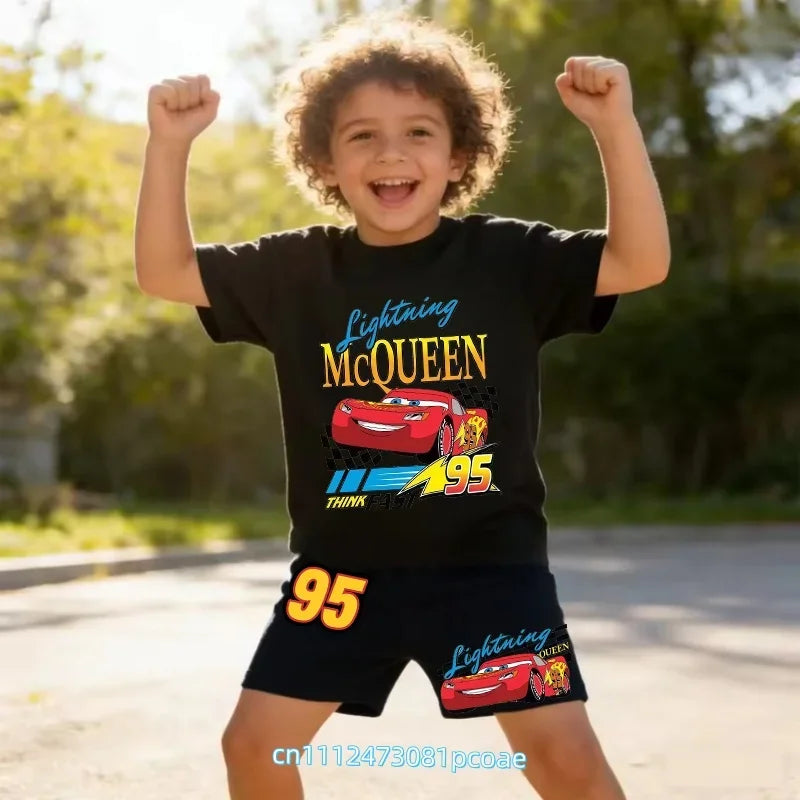 2026 New Cars of the Universe Boys' Sportswear Cotton Short-Sleeved Shorts Set with Cartoon Print - Summer T-Shirt 2-Piece Set