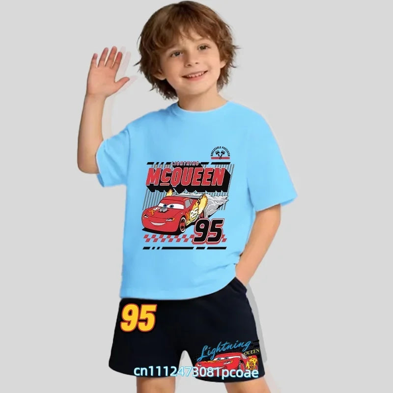 2026 New Cars of the Universe Boys' Sportswear Cotton Short-Sleeved Shorts Set with Cartoon Print - Summer T-Shirt 2-Piece Set