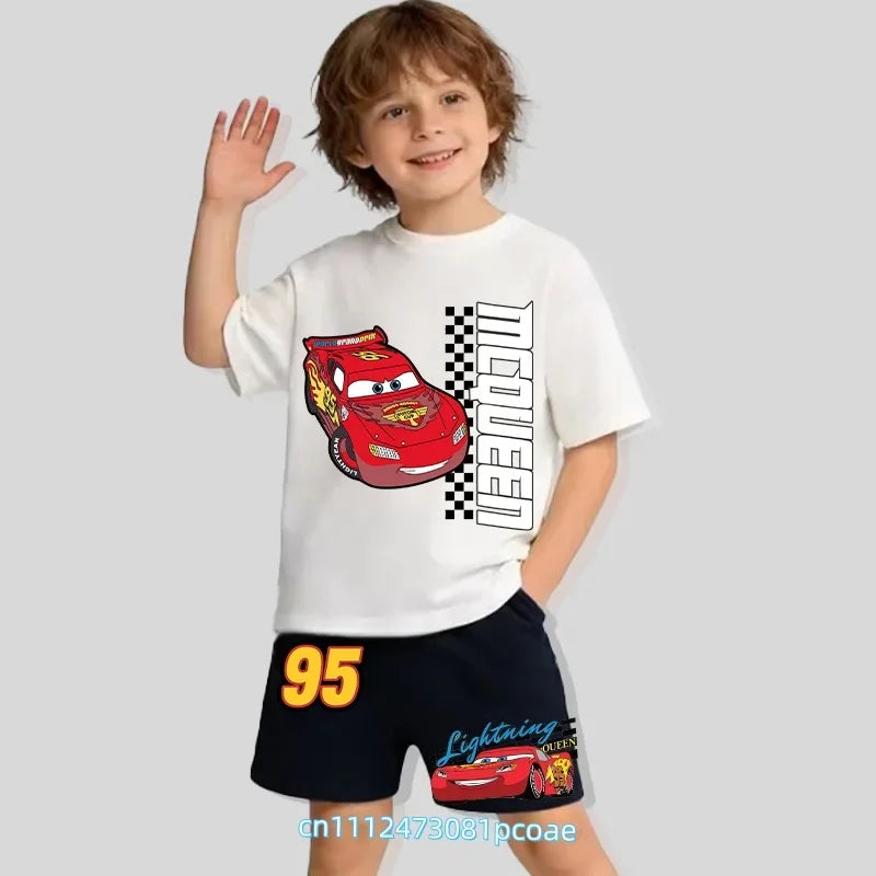 2026 New Cars of the Universe Boys' Sportswear Cotton Short-Sleeved Shorts Set with Cartoon Print - Summer T-Shirt 2-Piece Set