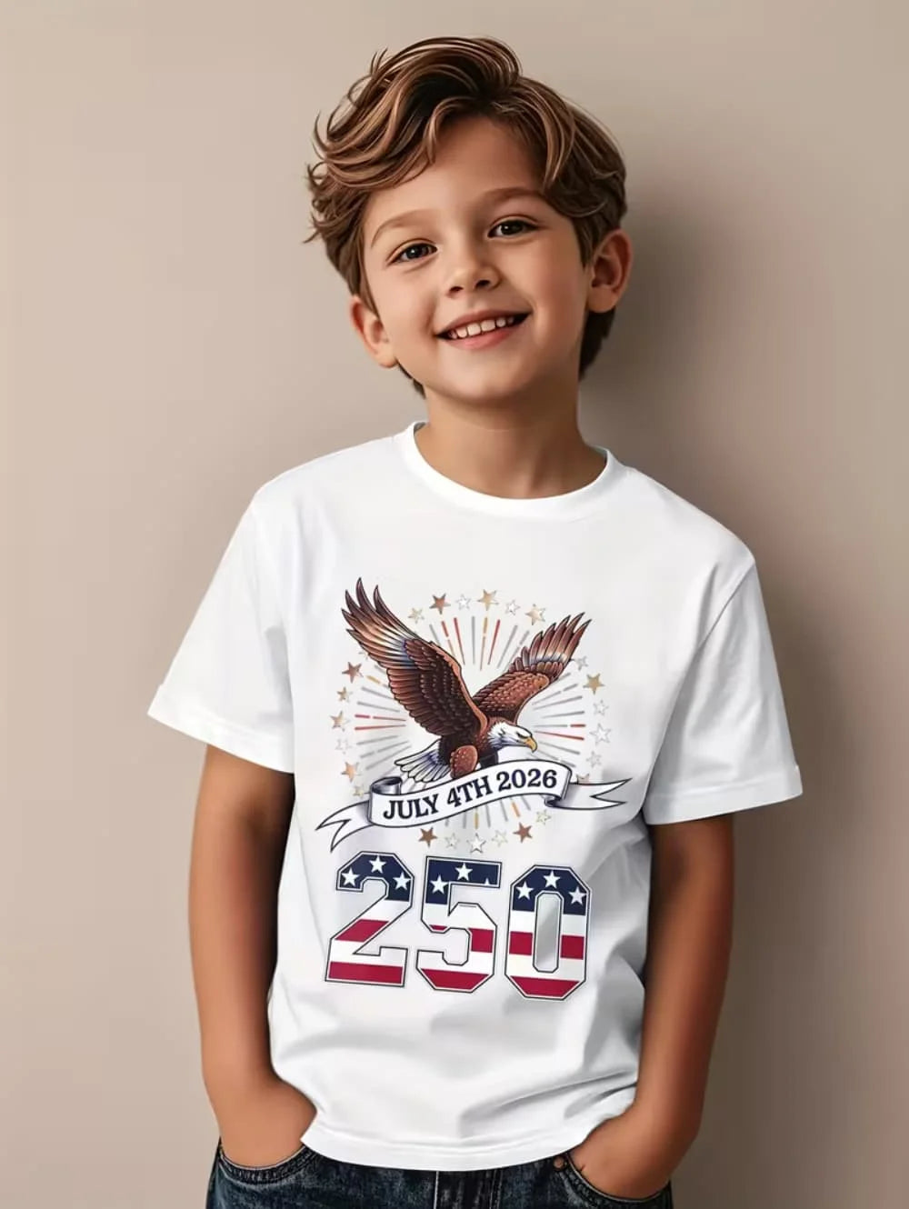 T-Shirt for Kids America 250th Birthday Eagle Flag 250 Years 1776-2026 Unisex Kids Tops Casual Style Vintage Children's Clothing
