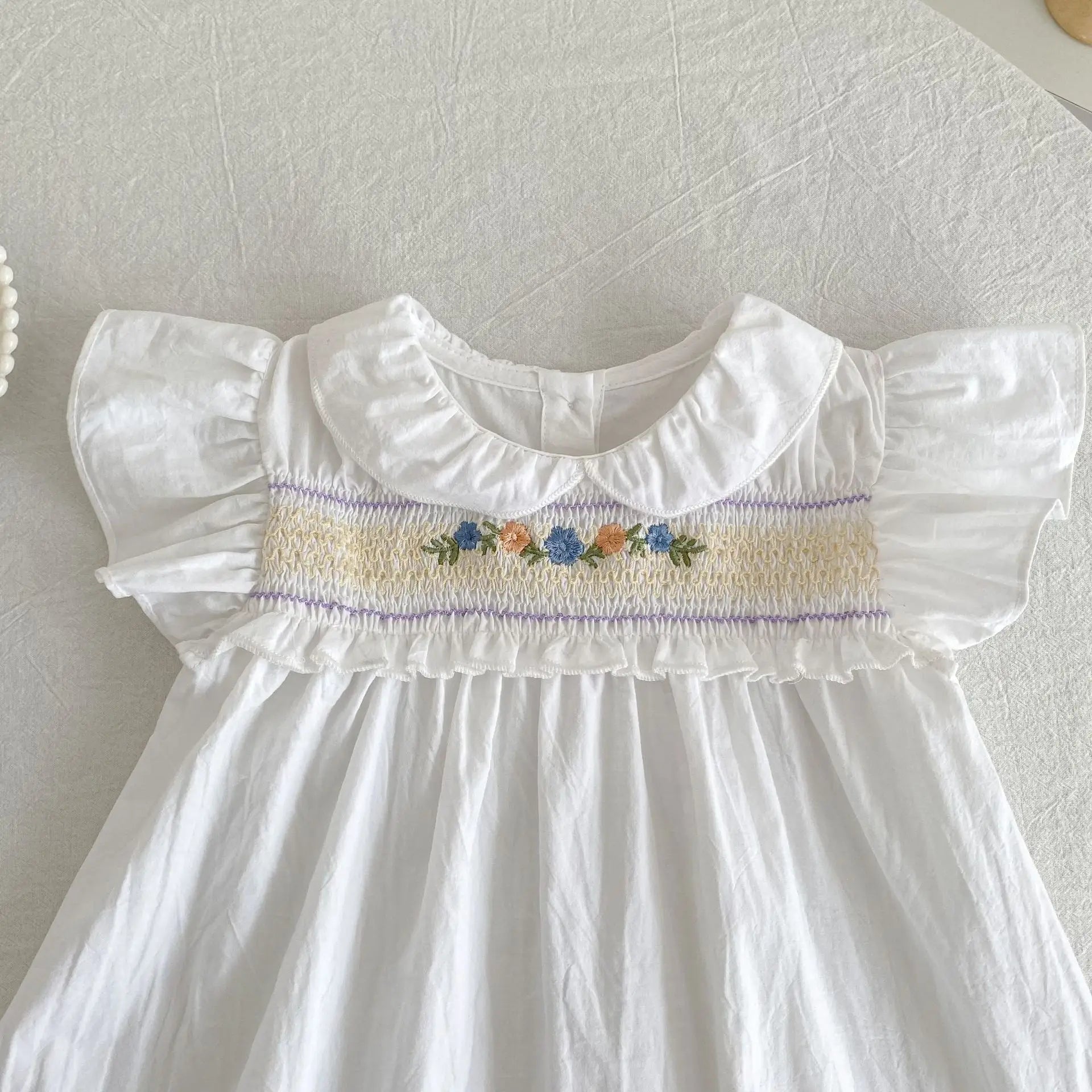 Girl Dress Summer New Peter Pan Collar Embroidery Flying Sleeve Princess Dress For Girls Korean Version White Princess Skirt
