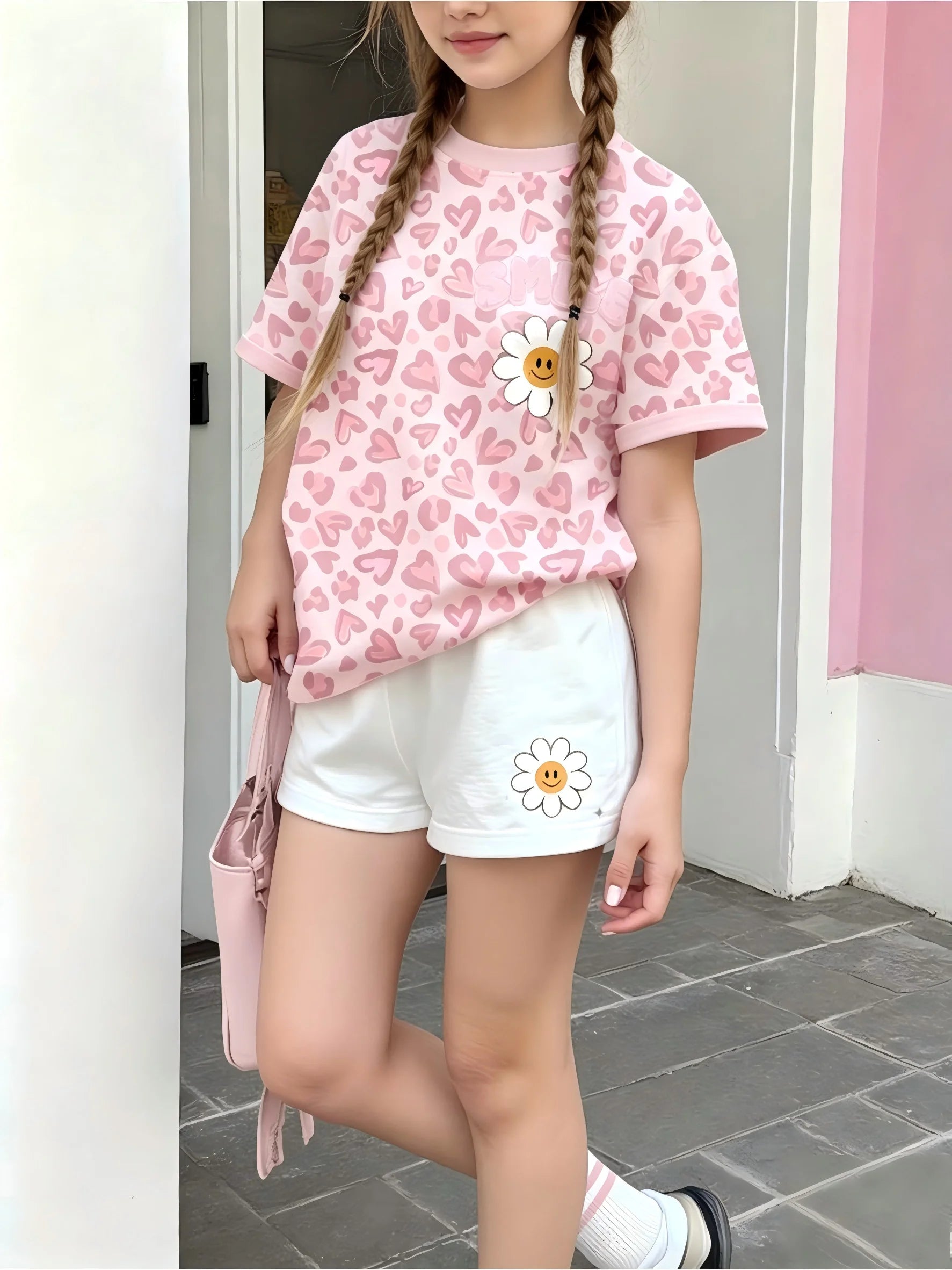 Girls  Sleeve Crew Neck T-Shirt + Shorts Set Leopard Heart Print With Smile Flower Logo Casual Cute Kids Daily Outfit Ages 1-14