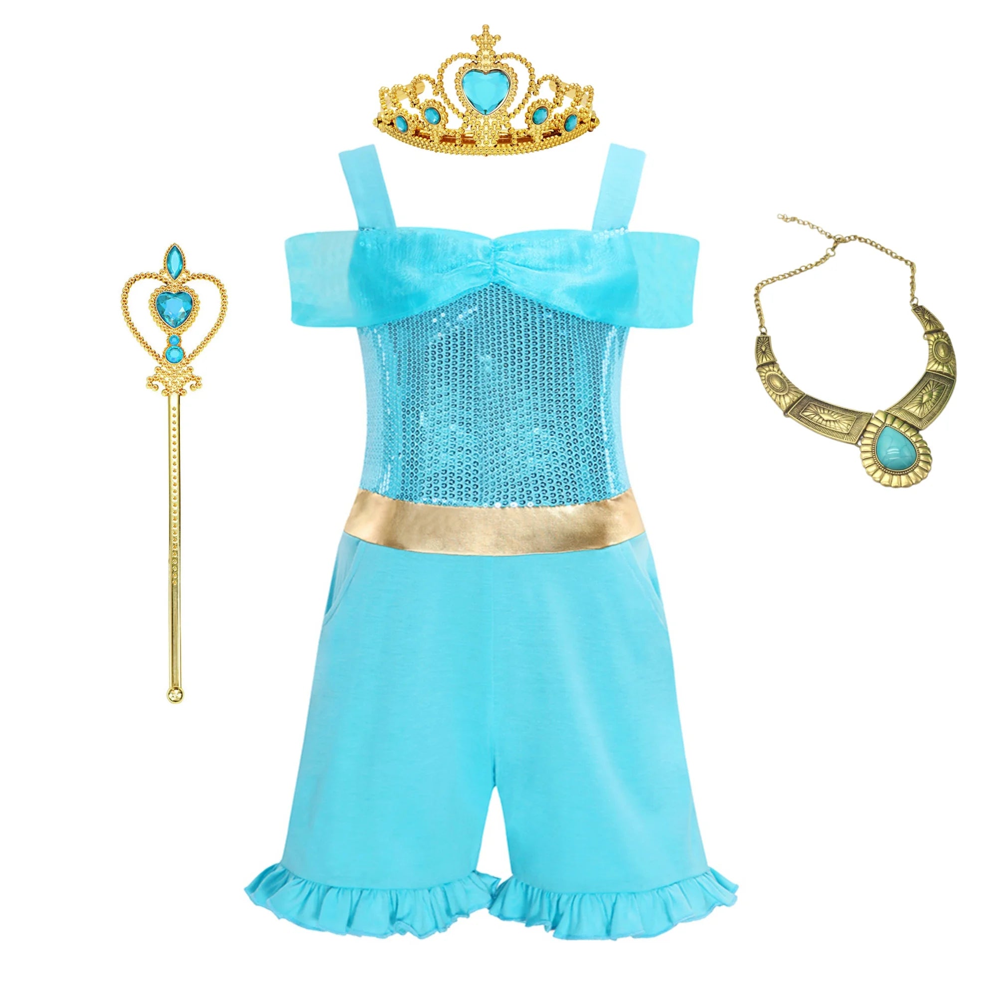 Girls' Summer High Waisted Jumpsuit Shorts Jasmine Princess Lake Blue Sequin Off Shoulder Top Kids Casual Performance Outfit