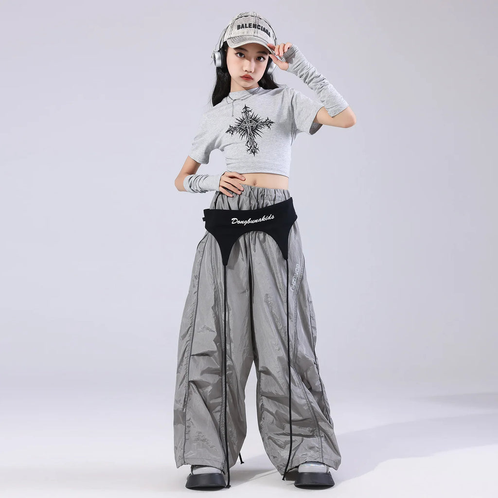 Girls Team Clothes Jazz Dance Clothes Hip Hop Dance Costumes Short Sleeve Crop Top Cargo Pants Suit Street Dance Wear