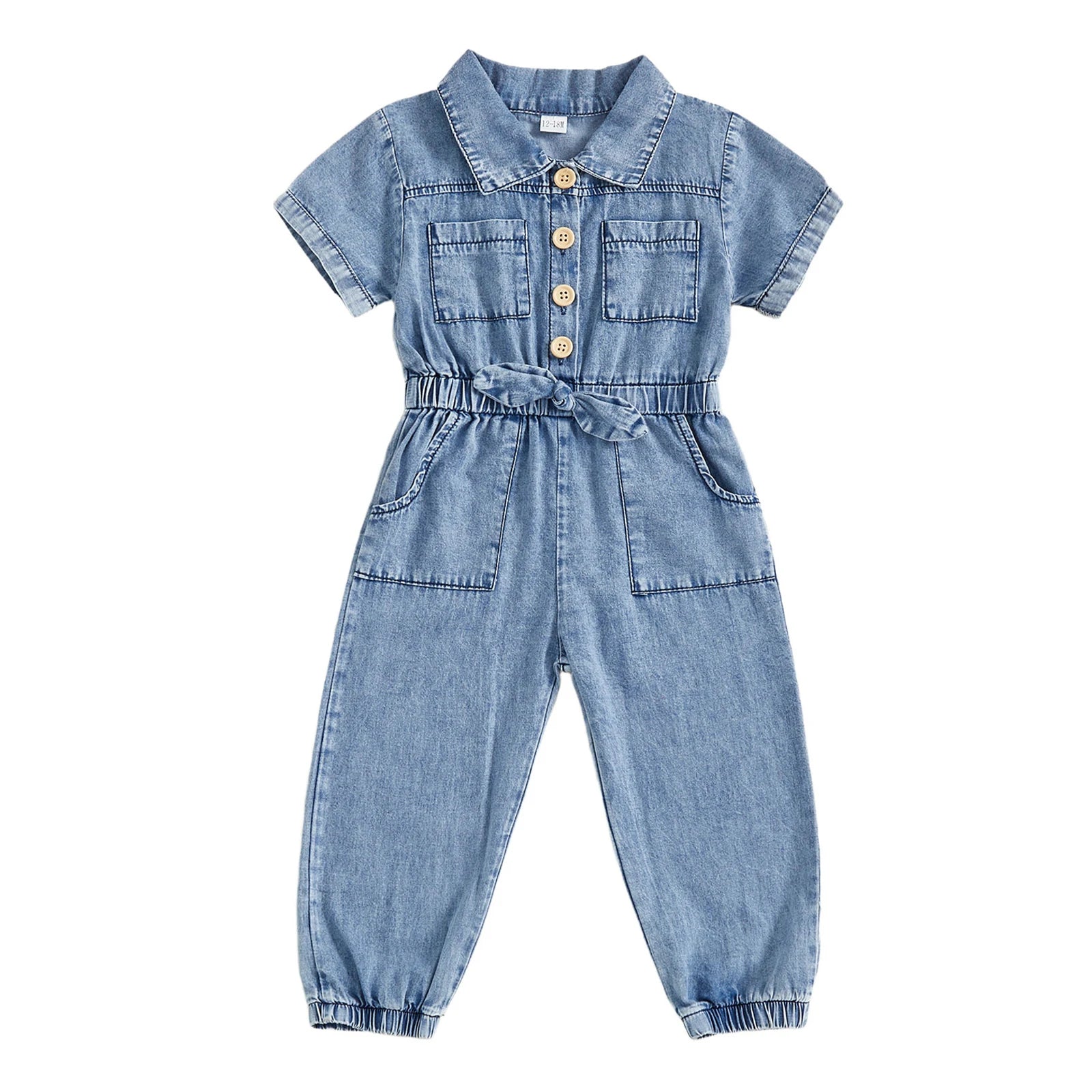 Kids Girls Denim Romper Short Sleeve Lapel Button Down Full Length Overalls Jumpsuit with Pockets Children's Clothing