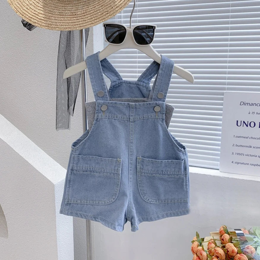2025 New Summer Girls Solid Color Jumpsuit 2-7T Boys Denim Overalls Korean Kids Loose Jeans Overalls Children Pants Clothes