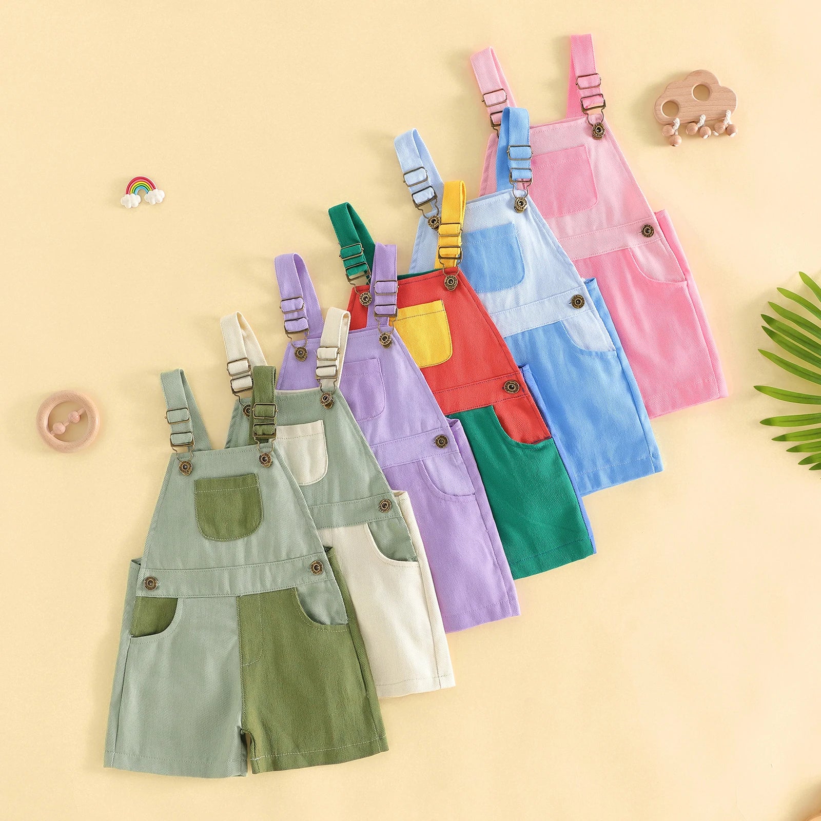 1-4Years Kids Girls Boys Overall Shorts, Cute Contrast Color Summer Jumpsuit with Pockets for Casual Daily