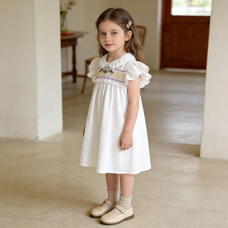 Girl Dress Summer New Peter Pan Collar Embroidery Flying Sleeve Princess Dress For Girls Korean Version White Princess Skirt