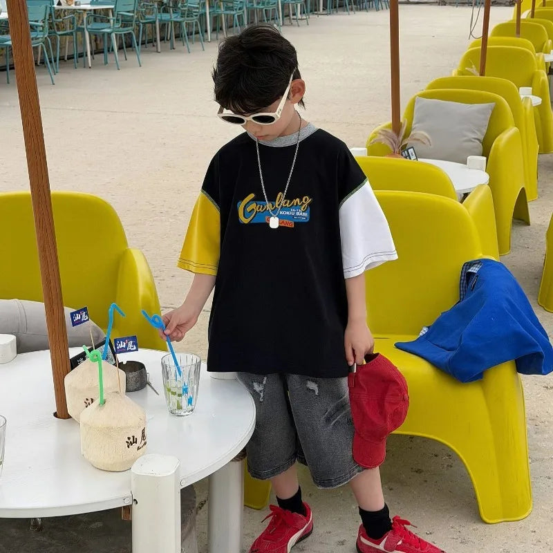 Korean Version of Children's Multi-color Splicing American Letter Cotton T-shirt Boys' Short-sleeved Top 2026 Summer New