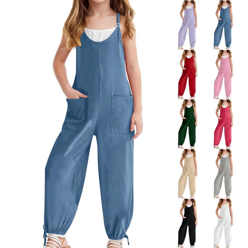 Kids Overalls Spring Autumn Adjustable Shoulder Sleeveless Jumpsuit For Boys Girls Teens School Casual Pants With Pockets