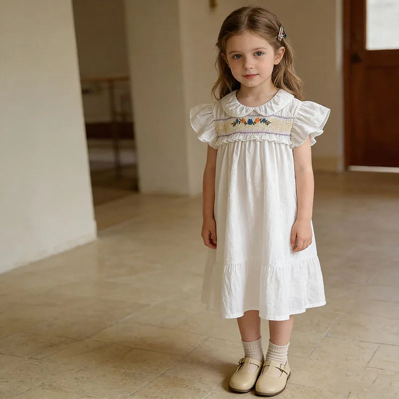 Girl Dress Summer New Peter Pan Collar Embroidery Flying Sleeve Princess Dress For Girls Korean Version White Princess Skirt