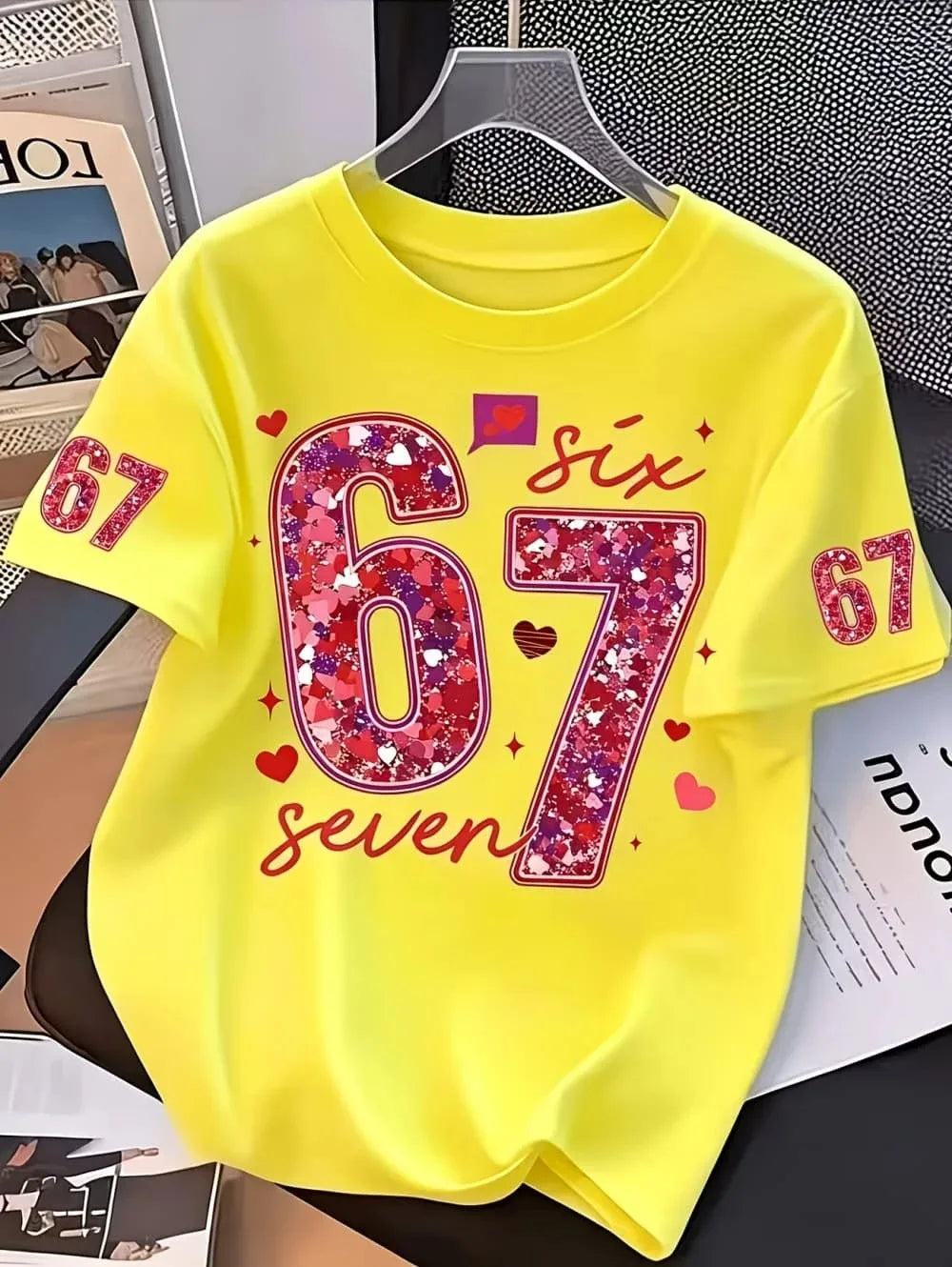 Girls' T-shirt,exclusive for Valentine's Day, with sequins,number 67,summer round-neck T-shirt for outdoors, kids' clothing