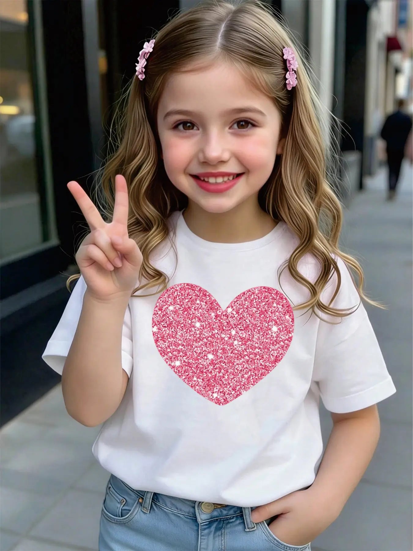 Kids Girls T-Shirt, Pink Glitter Heart Print Short Sleeve Casual Top for Summer Daily Wear boys and girls