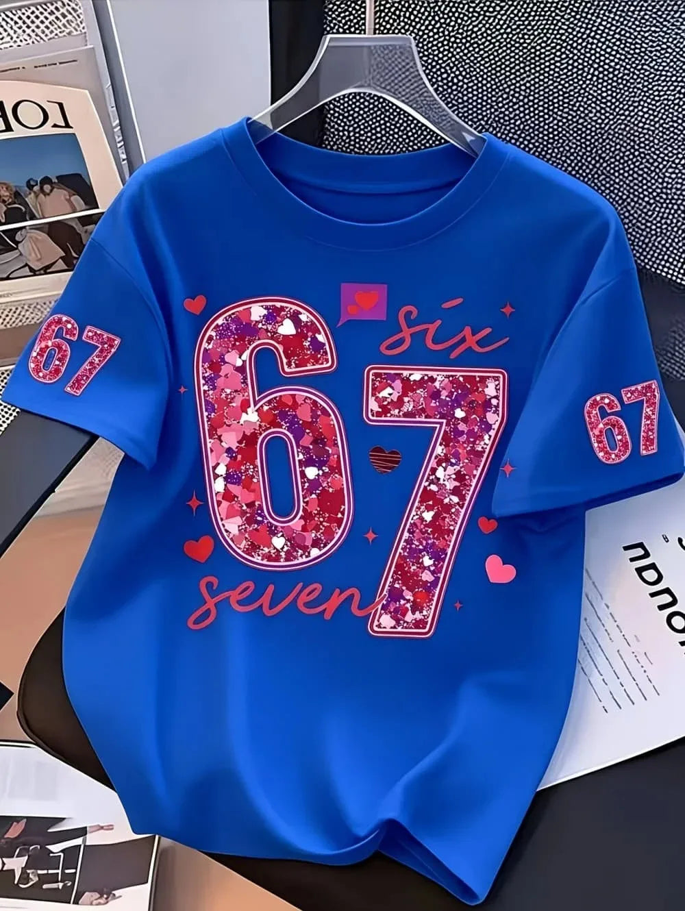 Girls' T-shirt,exclusive for Valentine's Day, with sequins,number 67,summer round-neck T-shirt for outdoors, kids' clothing